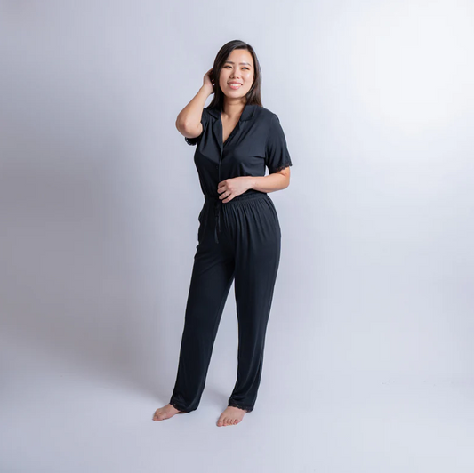 Linen & Homes Amber Classic Button Down Sleepwear Set (T-shirt + Long Pants) Black