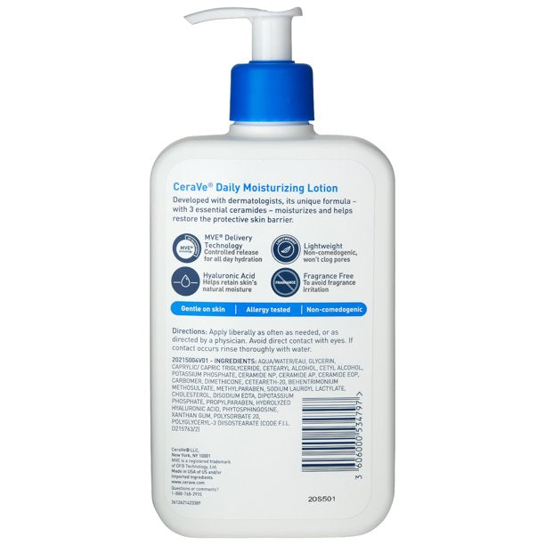 CeraVe Daily Moisturizing Lotion for Dry Skin | Body Lotion & Facial Moisturizer with Hyaluronic Acid and Ceramides | Fragrance Free | 12 Ounce