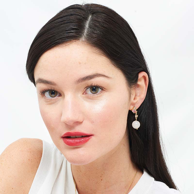 Les Néréides Paris Quartz Pearl and Pink stones Drop earrings