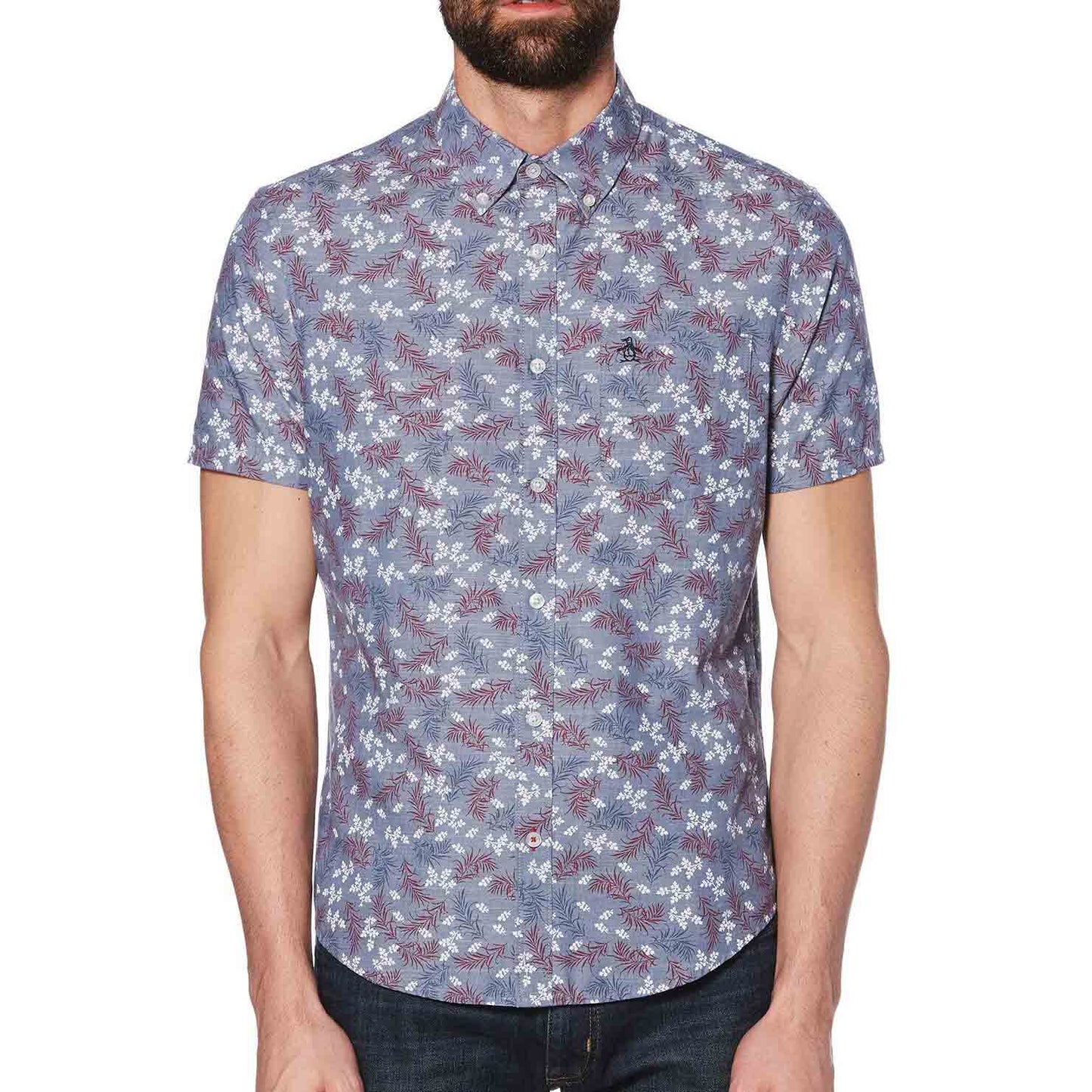 Original Penguin Men's Short Sleeve Button Down Polo | Chambray Floral Fern