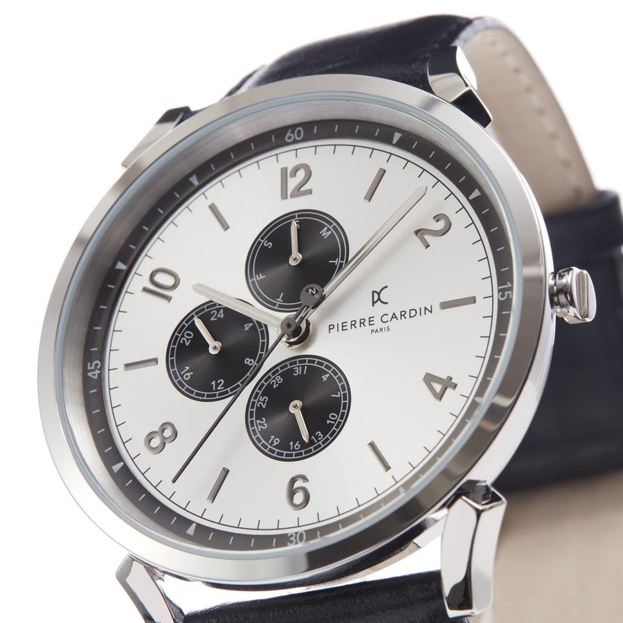 Pierre Cardin Pigalle Nine Silver Tone Black Leather Watch