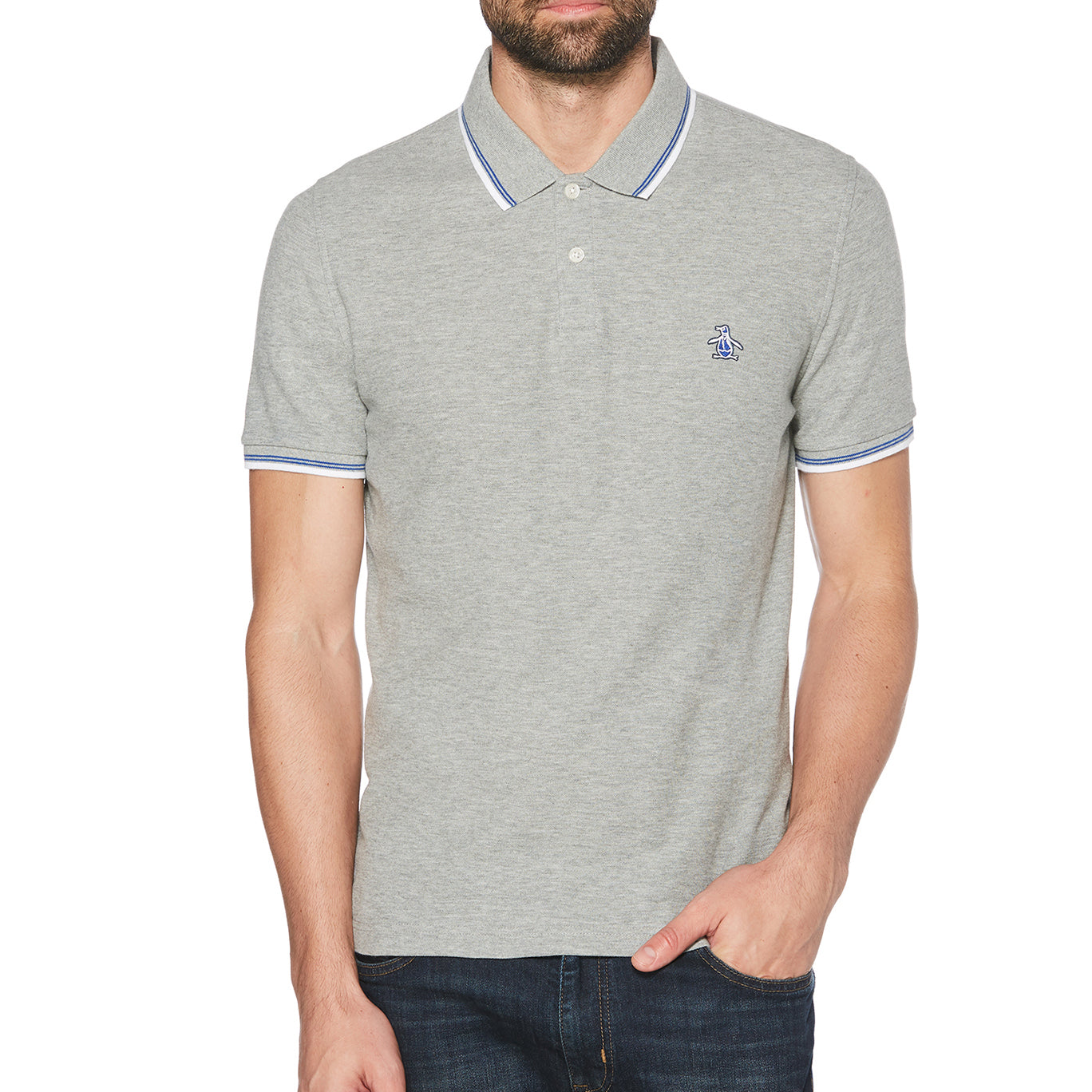 Original Penguin Men's Sticker Pete Mod Logo Tipped Polo | Blue/Red/Heather