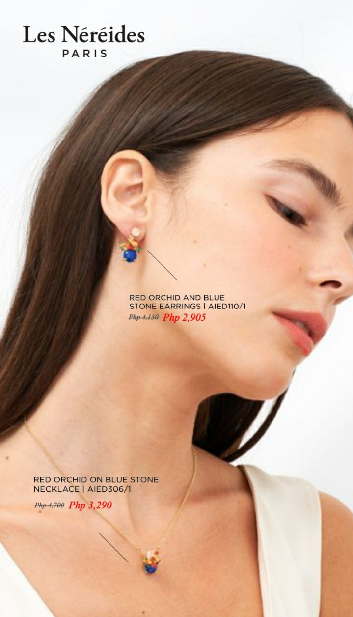 Les Néréides Paris Red Orchid on Blue stone necklace