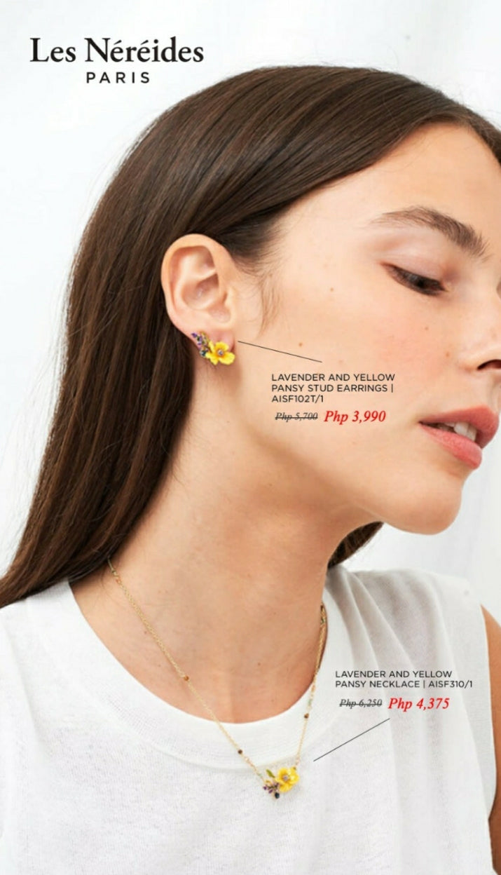 Les Néréides Paris Lavender and Yellow Pansy French earrings
