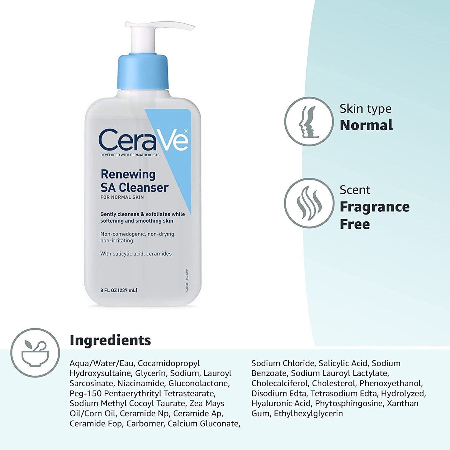 CeraVe SA Cleanser | Salicylic Acid Face Wash with Hyaluronic Acid, Niacinamide & Ceramides| BHA Exfoliant for Face | 8 Ounce