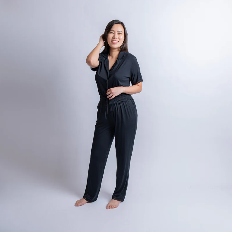 Linen & Homes Amber Classic Button Down Sleepwear Set (T-shirt + Long Pants) Black