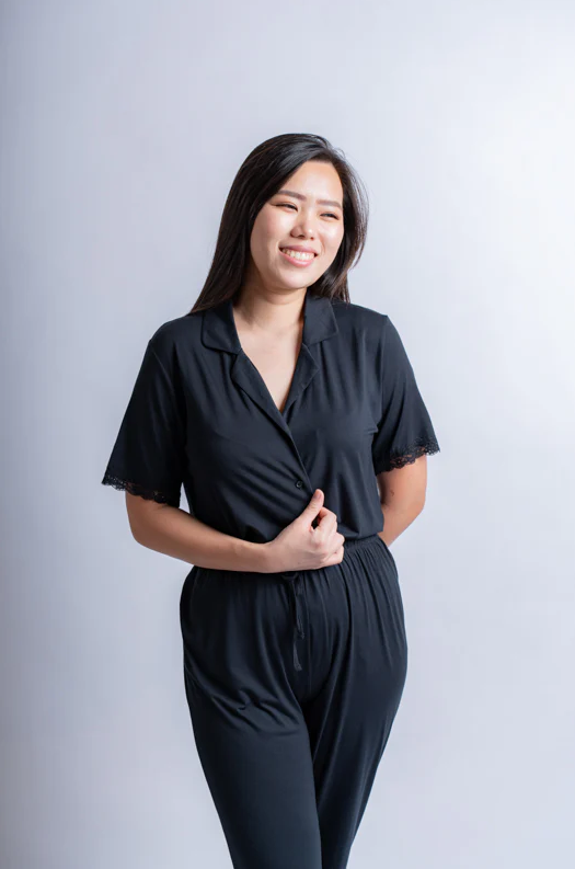 Linen & Homes Amber Classic Button Down Sleepwear Set (T-shirt + Long Pants) Black