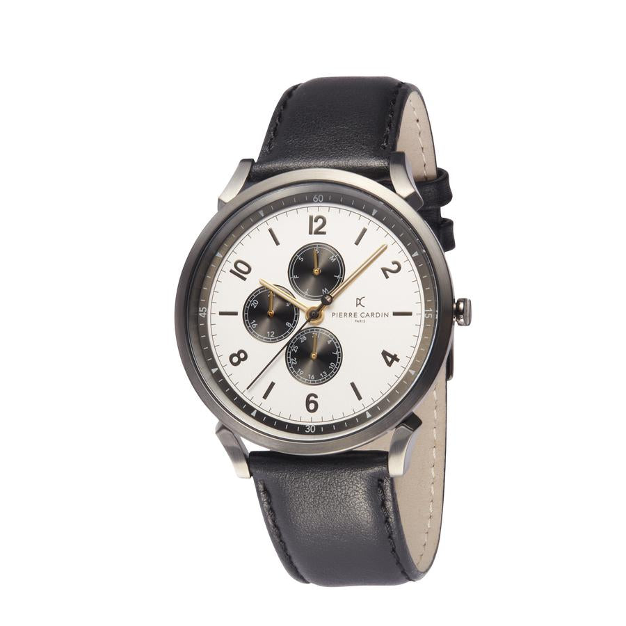 Pierre Cardin Pigalle Nine Gun Silver Tone Black Leather Watch